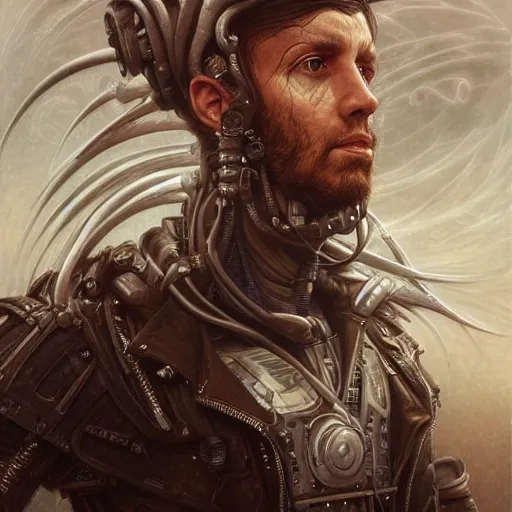 Image similar to portrait, augmented cybernetic male metal band member, stern expression, long hair, highly detailed, digital painting, artstation, concept art, smooth, sharp focus, illustration, artgerm, tomasz alen kopera, peter mohrbacher, donato giancola, joseph christian leyendecker, wlop, frank frazetta