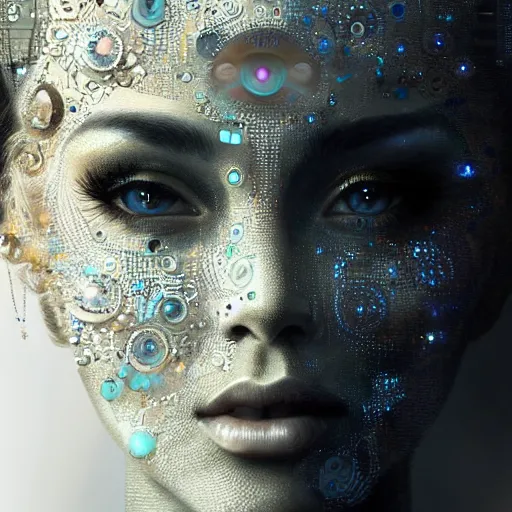 Image similar to a robotic goddess, jewelry skin, highly detailed, digital painting, smooth, sharp, beautiful face, expressive eyes, highly intricate, art by greg rutkowski and alex gray