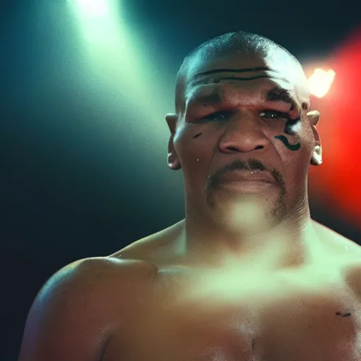 Image similar to a still of mike tyson, cinematic, 4 k, god rays through fog