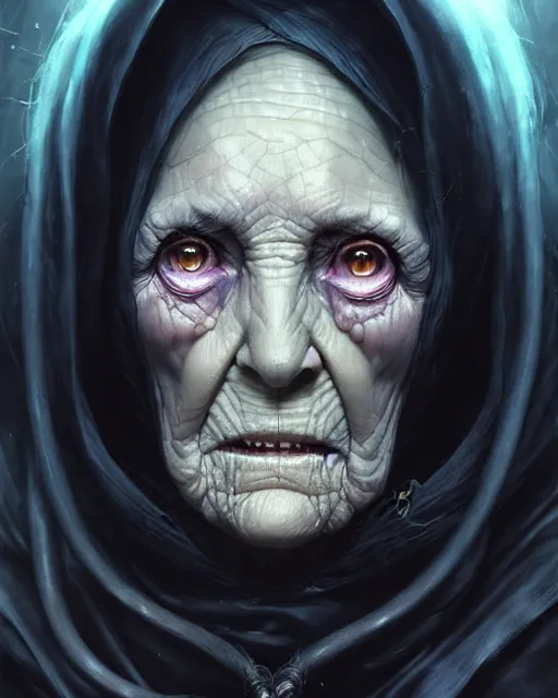 Image similar to a female necromancer old woman | | elderly - face, wrinkled face, realistic shaded perfect face, fine details. anime. tentacles, eldritch abomination, dunwitch horror, realistic shaded lighting poster by greg rutkowski, magali villeneuve, artgerm, jeremy lipkin and michael garmash and rob rey