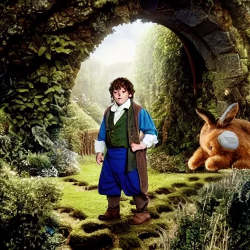 Image similar to a british lad as Bartook a teen hobbit with short curly dark brown hair wearing a blue vest with a white sash standing next to a giant rabbit, high resolution film still, movie by Peter Jackson