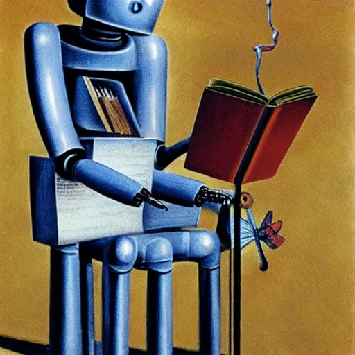 Image similar to a robot reading a book by salvador dali