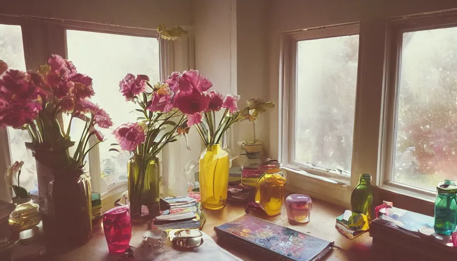 Prompt: 1 9 9 0 s candid 3 5 mm photo of a beautiful day in the a dreamy flowery cottage, cinematic lighting, cinematic look, golden hour, a desk for flower arrangements has sun shinning on it through a window, multicoloured glasses bottles with light shining through them in the room, uhd