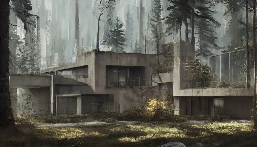 Image similar to brutalist house in the forest, cinematic shot, aaa game concept art oil painting by jama jurabaev, extremely detailed, brush hard, artstation, high quality, brush stroke