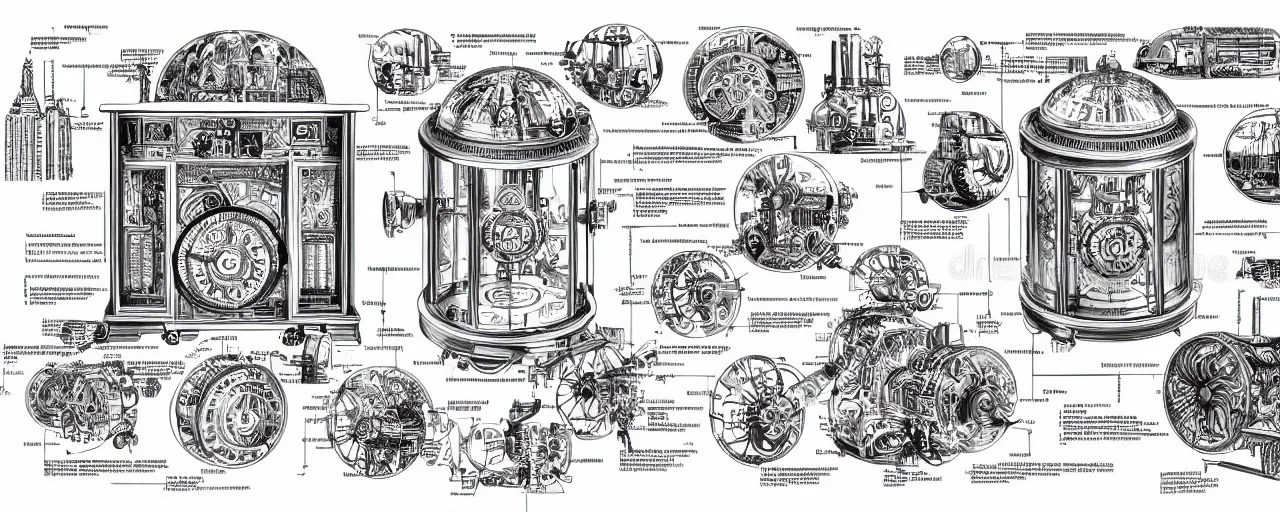 Image similar to a full page schematic diagram illustration of a timemachine, ultra detailed, 4 k, intricate, encyclopedia illustration, fine inking lines