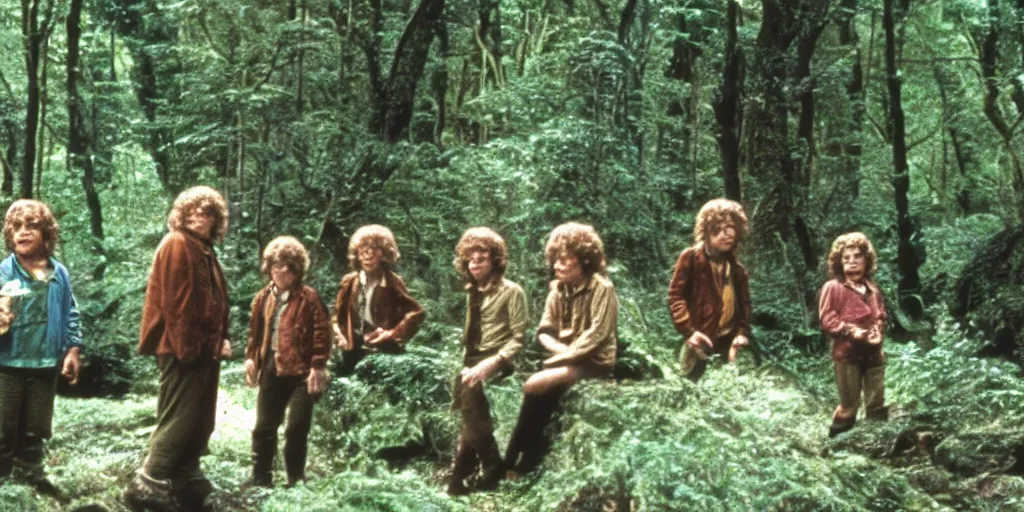 Prompt: A full color still from a Stanley Kubrick film featuring four hobbits in a forest, 35mm, 1975