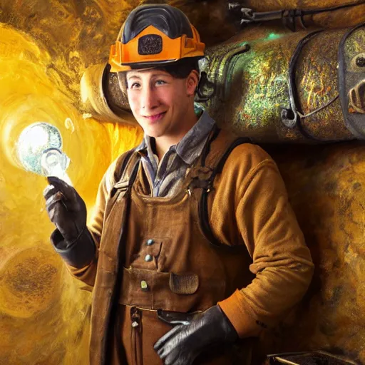 Image similar to skyler gisondo as a sooty steampunk miner in a crystal cave, detailed oil painting, highly detailed, highly accurate, deep aesthetic, 8 k, highly ornate intricate details, cinematic lighting, rich colors, ray tracing, hyperrealistic, photorealistic, cinematic landscape, trending on artstation,