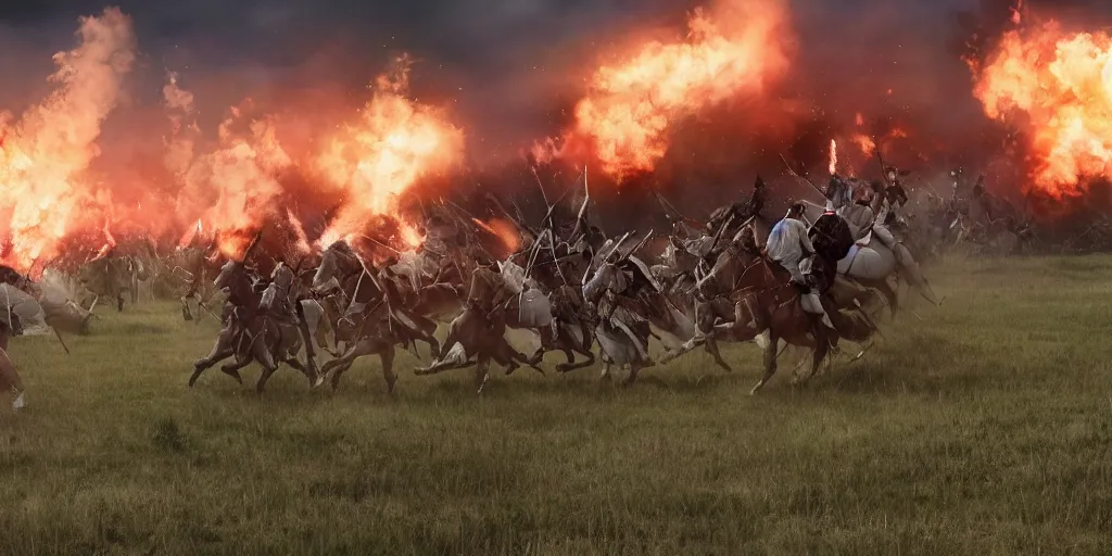 Image similar to promotional movie still rendered in octane, of an action shot from the battle of little bighorn, custer's last stand, majestic action, focusing on the offset center of the scene, intense dramatic hdr, natural light, cinematic lighting, extremely high detail, photorealistic, imax 7 0 mm, iso 4 0 0, 8 k, 4 k, hq