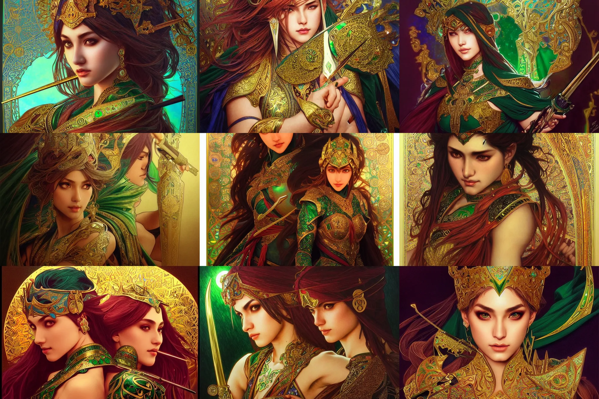 Prompt: sultan's shamshir, night, emerald, 4 k, ultra realistic, beautiful eyes, epic lighting, machines, high detail, masterpiece, trending on artstation by artgerm and akihito tsukushi and alphonse mucha, crayons