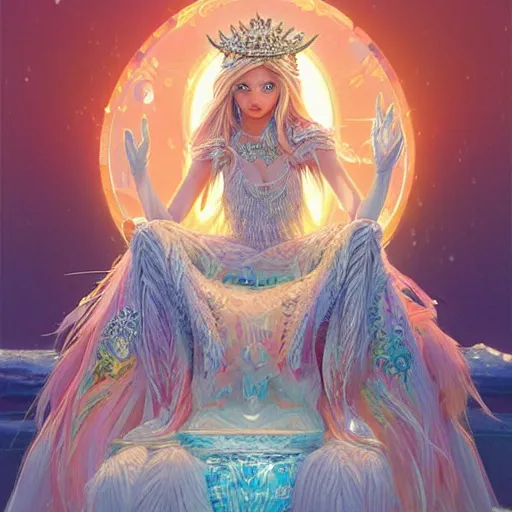 Image similar to A beautiful ice princess sitting on her throne, very colourful, highly detailed, artstation, intricate, smooth, sharp focus, bright, happy, illustration, art by Greg Rutkowski and Yuumei, good clear quality, lighting, biology, symmetrical artwork, perfect face, 135 mm, cinematic, hyper realism, glittering ice, dark, moonlight, high detail, octane render, 8k, crimson highlights