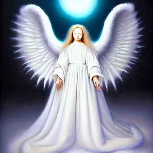 Image similar to highdetailed hyperrealistic painting of white angel!!! no gender!!!, giant ball of miracle light from the chest!!!!!, white sparkles everywhere, 4 k hd fur face!!!, big wings, by jan van eyck, holography space, glow effect, large strokes, soft and clean, white monochrome color!!!!!