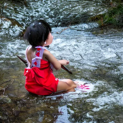 Prompt: 7 years old rina playing with the water, wearing white cloths, and a red bow in her hair, sitting by the side of a creek, in the painting style of anime, 8 k, detailed, tele photo lens, rule of thirds