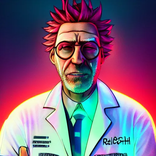 Image similar to portrait of rick sanchez, lab coat and tee shirt, lens flare, atmosphere, glow, detailed, intricate, full of colour, cinematic lighting, trending on artstation, 4 k, hyperrealistic, focused, extreme details, unreal engine 5, cinematic, masterpiece