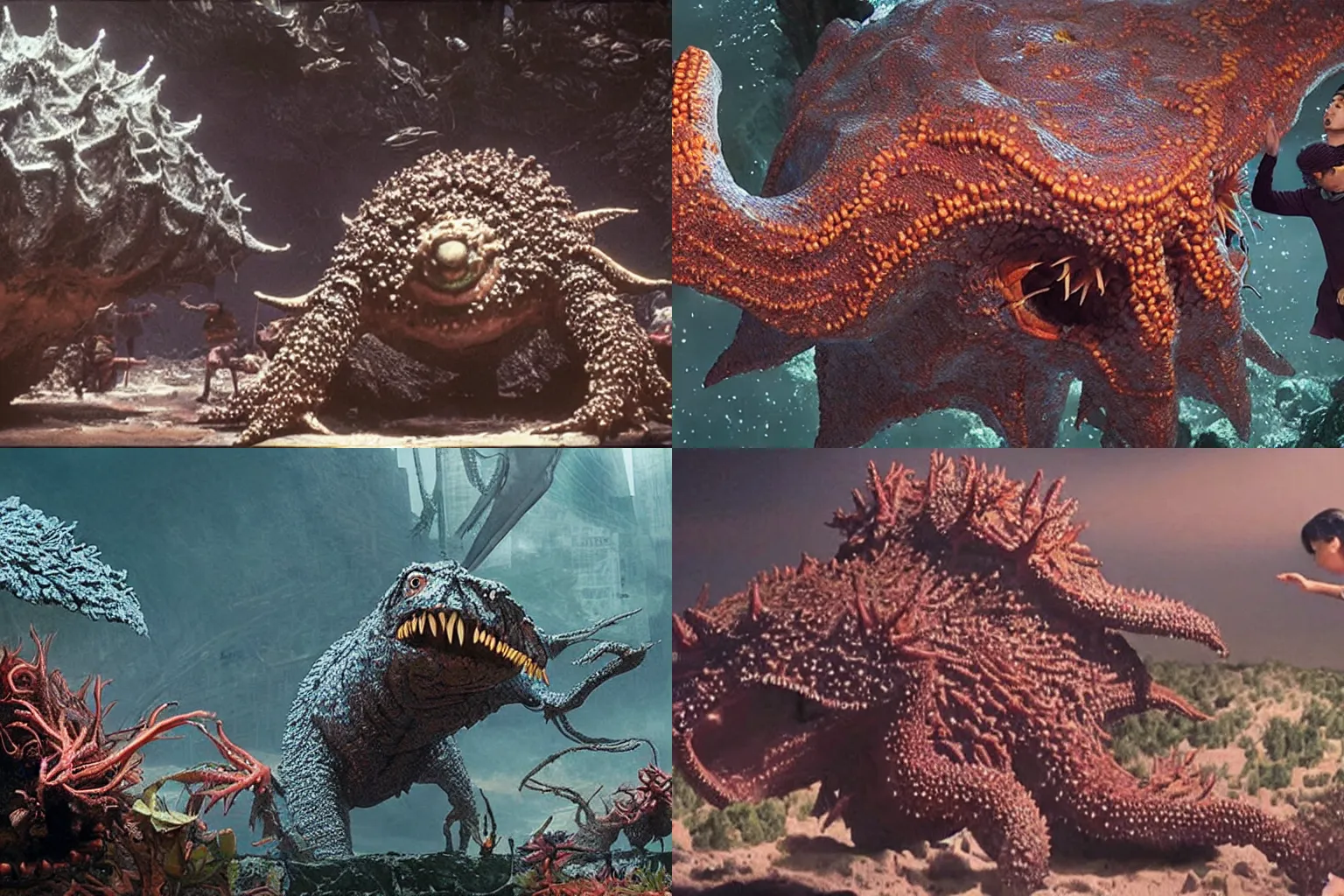 Prompt: a filmstill of the movie Pulgasari by Shin Sang-ok, giant kaiju starfish monster