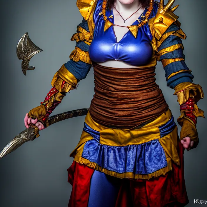 Prompt: full body photo of a real - life beautiful female jester warrior, 8 k, hdr, smooth, sharp focus, high resolution, award - winning photo