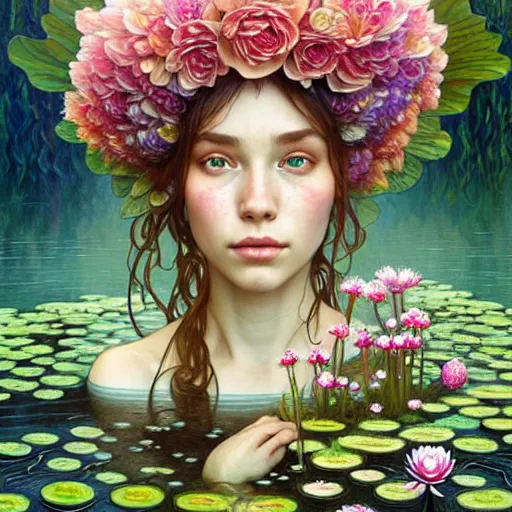 Image similar to Portrait of a girl surrounded by flowers and morphing into mushrooms while sitting at a pond with waterlilies, face, fantasy, intricate, elegant, highly detailed, digital painting, artstation, concept art, smooth, sharp focus, illustration, art by Fernanda Suarez and Artem Demura and alphonse mucha