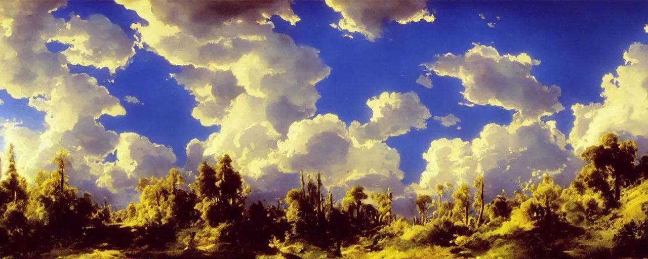 Image similar to disney illustrated background of blue sky huge clouds by eugene von guerard, ivan shishkin, john singer sargent