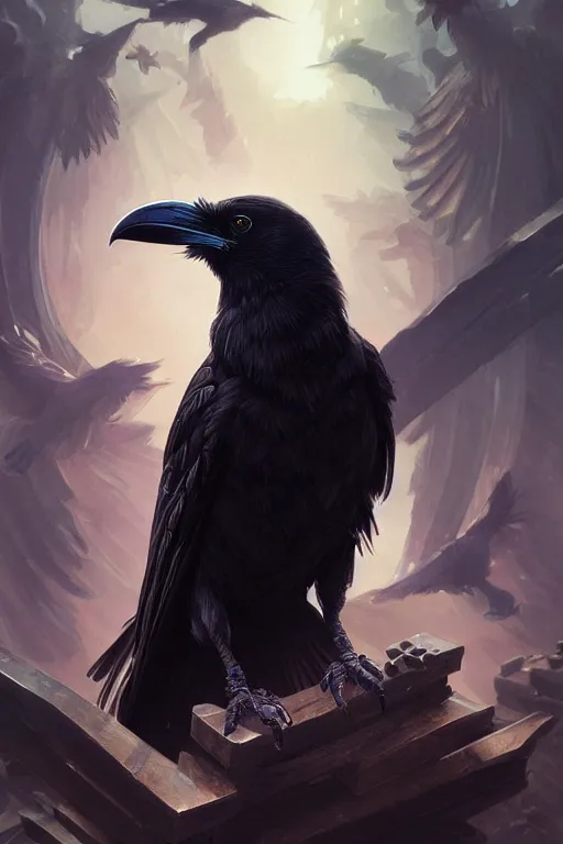 Image similar to highly detailed black raven bird, deep focus, d & d, fantasy, intricate, elegant, highly detailed, digital painting, artstation, concept art, matte, sharp focus, illustration, hearthstone, art by artgerm and greg rutkowski and alphonse mucha