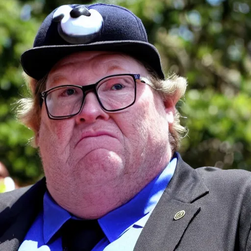 Image similar to Michael moore wearing a mickey mouse hat, tons of disney pins on his vest