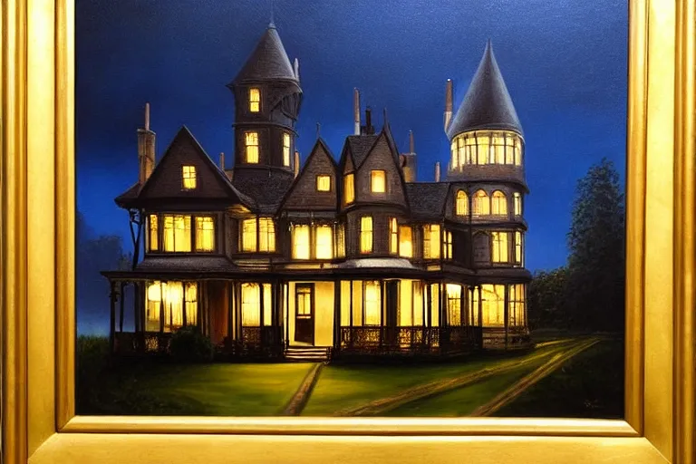 Prompt: a beautiful hyperrealistic painting of a victorian house with a tower at night, very detailed by samuel and joseph newsom, harry potter