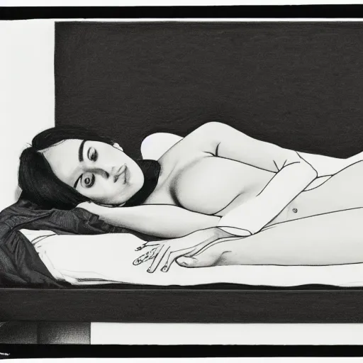 Image similar to expressive by jeff wall, by nobuo sekine. a drawing of a woman reclining on a bed.