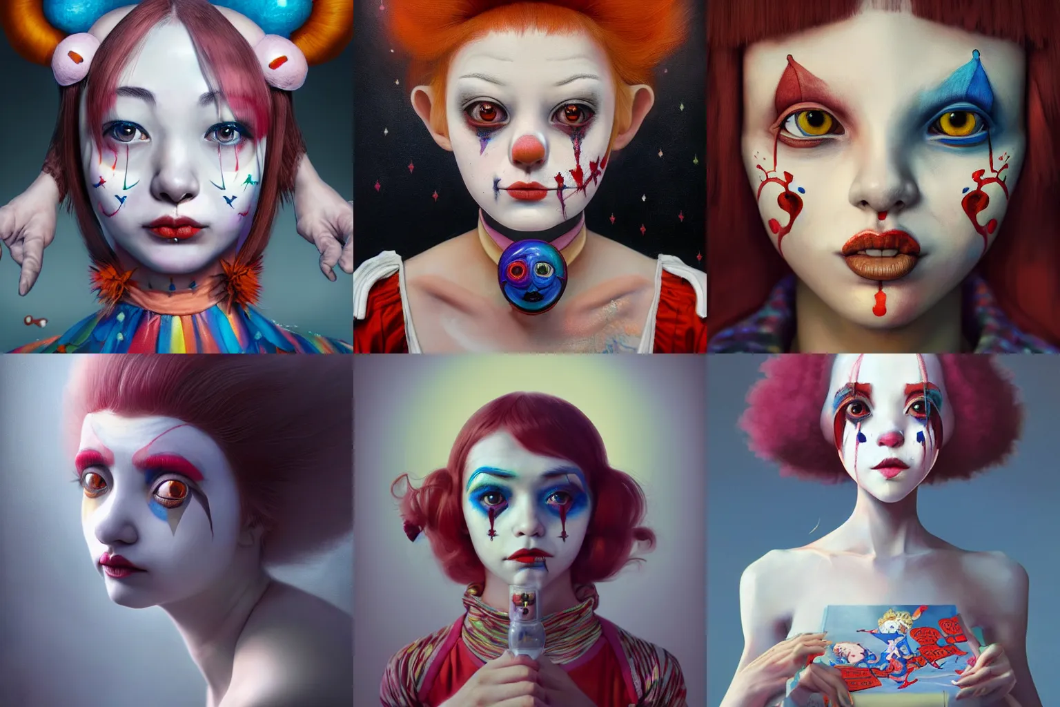 Image similar to breathtaking detailed painting of clown girl , with anxious, piercing eyes, Atari game cover art by Hsiao-Ron Cheng, James jean, Miho Hirano, Hayao Miyazaki, extremely moody lighting, hyperrealistic, octane render, RPG portrait, ambient light, dynamic lighting