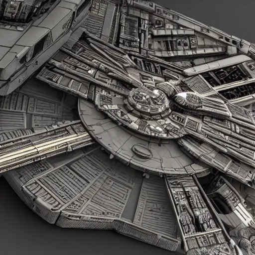 Image similar to millennium falcon, victorian clockcore solarpunk, highly detailed, intricate, weta digital, redshift render, caustic 3 d fx, 8 k