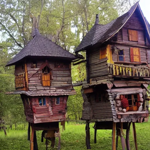 Image similar to Baba yaga houses walking around on stilts