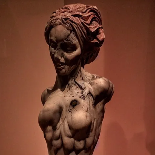 Prompt: sculpture of a woman, gloomy, blood, fire, intricate, elegant, highly detailed, sculpture art by michelangelo