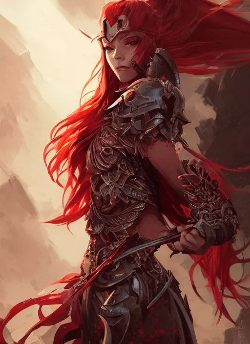 Image similar to beautiful warrior lady, red long hair, practical armor, shiny white skin, demonic eyes, low fantasy, extremely detailed, sharp focus, smooth, digital illustration, by rossdraws, frank franzzeta, sakimichan