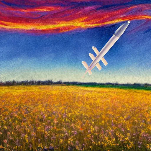 Image similar to spacex starship rocket landing in a field of flowers at sunset, impressionist painting