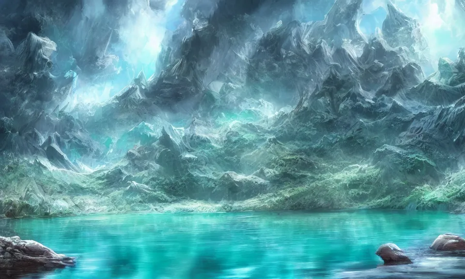 Image similar to crystalline turquoise lake, digital art, concept art, fantasy art, highly detailed, hd wallpaper, hdr, artstation, deviantart, behance