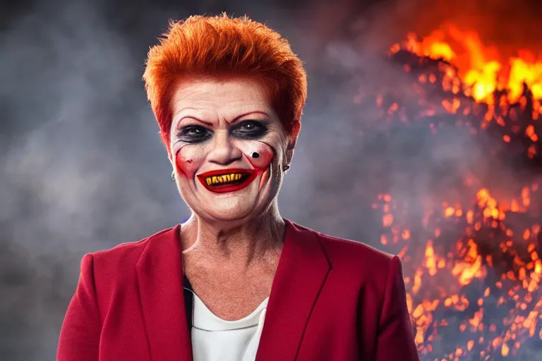 Image similar to Pauline Hanson with smudged red and white makeup like The Joker, standing in hell surrounded by fire and flames and bones and brimstone, portrait photography, depth of field, bokeh