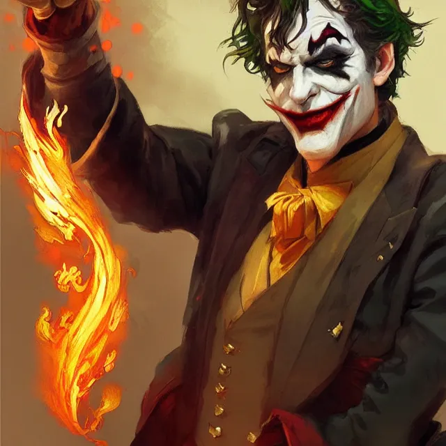 Image similar to joker as a firebender, portrait, elegant, intricate, digital painting, artstation, concept art, smooth, sharp focus, illustration, art by konstantin korovin and daniel f. gerhartz and john howe