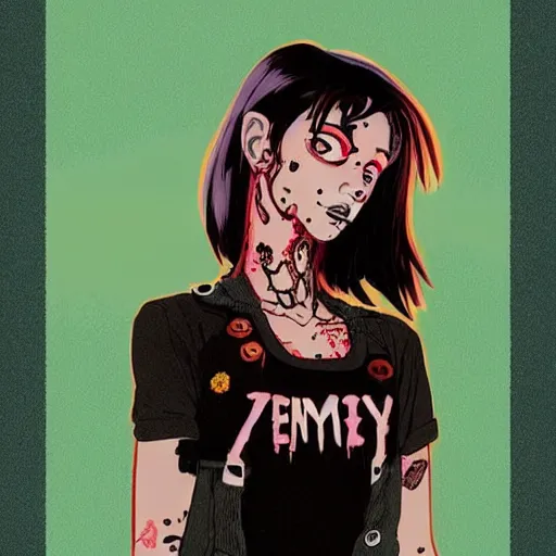 Image similar to Highly detailed portrait of pretty punk zombie young lady with, freckles and beautiful hair by Atey Ghailan, by Loish, by Bryan Lee O'Malley, by Cliff Chiang, inspired by image comics, inspired by graphic novel cover art, inspired by papergirls !! Gradient color scheme ((grafitti tag brick wall background)), trending on artstation