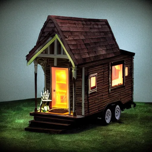 Prompt: strange tiny house by Tim Burton, (by Tim Burton) dark background, volumetric lighting