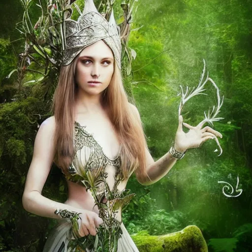 Prompt: heavenly beautiful elven queen with a leaf crown, hints of silver jewelry, overgrown, full body, forest background, elegant, intricate detail, dramatic lighting, mist, green aura,