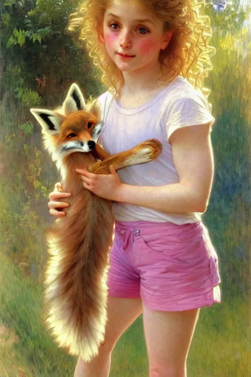 Image similar to a seven - year old girl with long curly dirty blonde hair, blue eyes, tan skin, a pink tee shirt, shorts, playing with a fox, painting by daniel gerhartz, alphonse mucha, bouguereau, detailed art, artstation, realistic fox