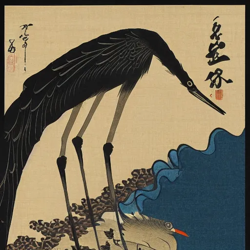 Image similar to 鶴 crane, in the style of hokusai, ukiyo-e