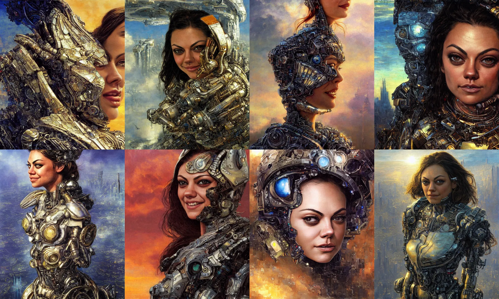 Image similar to close - up portrait of epic mila kunis smiling into camera, intricate cyborg armor, vista of futuristic city, windy, golden hour, wlop, by gerald brom, by mikhail vrubel, by peter elson, muted colors, extreme detail, trending on artstation