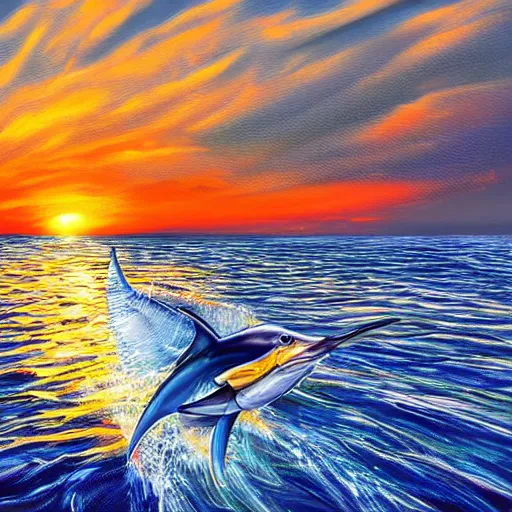 Image similar to detailed blue marlin jumping in front of sunset, dusk, calm seas, digital painting, smooth, sharp detail, 4 k ultra hd