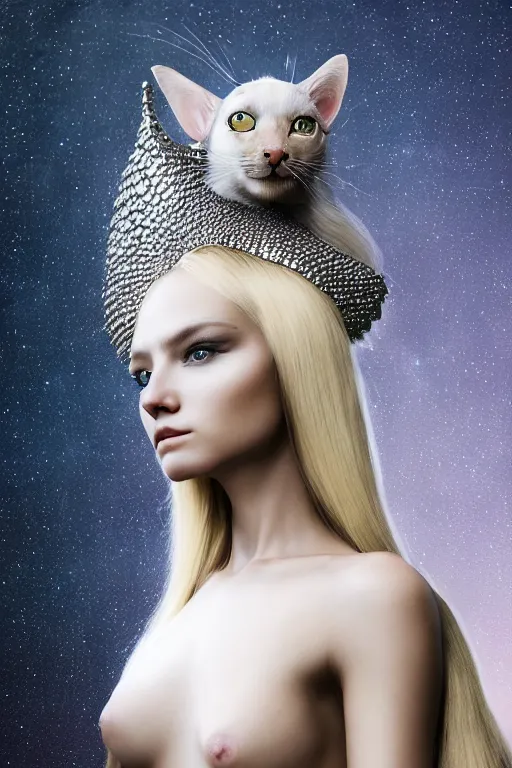 Image similar to female knight wearing a real cat on her head, armor designed by wayne barlowe, swarovski and tiffany, blonde hair, symmetry, sci - fi, cinematic, elegant, luxury, perfect light, perfect composition, dlsr photography, sharp focus, dark fantasy, 4 k, ultra hd, sense of awe, highly detailed, realistic, intricate