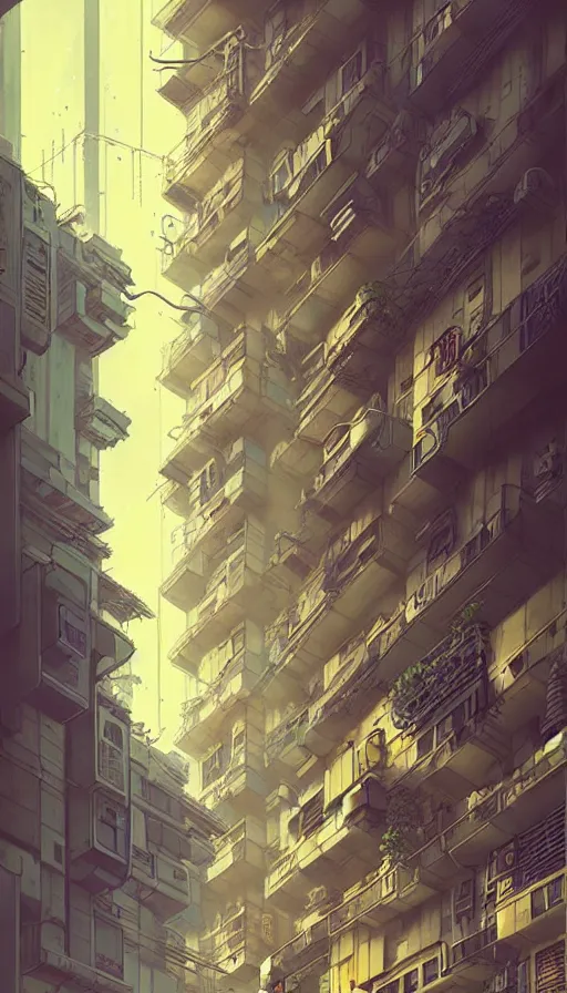 Image similar to hyper - realistic portrait of cyberpunk tokyo balcony in style of atey ghailan, by greg rutkowski, by greg tocchini, by james gilleard, by joe fenton, by kaethe butcher, dynamic lighting, gradient light yellow, brown, blonde cream and white color scheme, grunge aesthetic