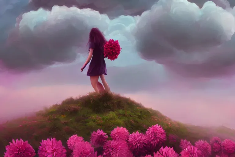 Image similar to giant dahlia flower crown under head, girl walking on mountain, surreal photography, pink storm clouds, dramatic light, impressionist painting, digital painting, artstation, simon stalenhag