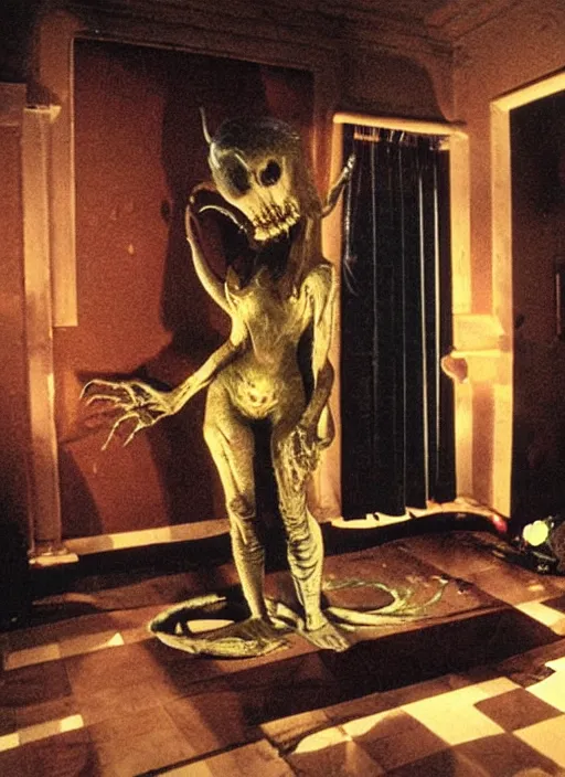 Prompt: an alien monster in the middle of a woman room in the night horror practical fx by dario argento