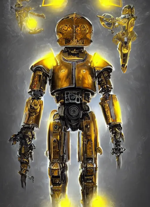 Image similar to full body, dynamic attack position abstract portrait of a intricate glorious holy mechanical warforged character in yellow armor holding a paladin engraved great longsword drawn and carrying a big paladin shield, glowing!!!! eye!!!!!, face in focus, pit droid, epic , trending on ArtStation, masterpiece, cinematic lighting, by Ross Tran and by Greg Rutkowski