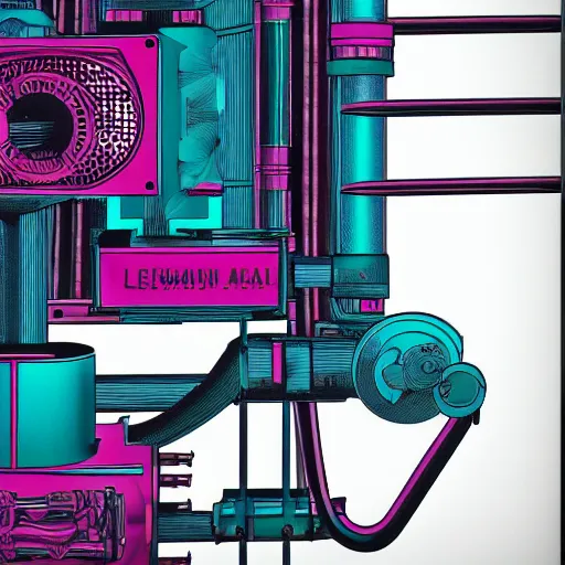 Image similar to complex and detailed industrial machine. Dark teal and magenta. Electrical and Mechanical Engineering