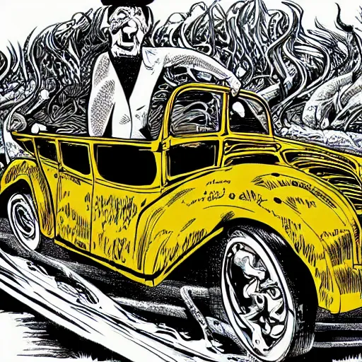 Image similar to gigantic swamp rat driving a hotrod comic - book drawing from mad - magazine pen and ink with full - color artwork, vector svg