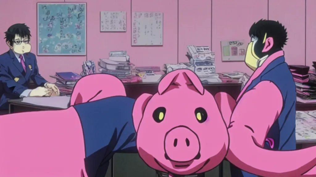 Prompt: a man wearing a pink suit and a pink pig mask sitting in an office, anime film still from the an anime directed by Katsuhiro Otomo with art direction by Salvador Dalí, wide lens