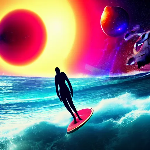 Prompt: photo of a alien surfing a surfboard on a crashing l wave of alien ocean in space, background is an alien galaxy, aliens in the background, alien colors, octane render, unreal engine, wide view, 8 k, high detaild